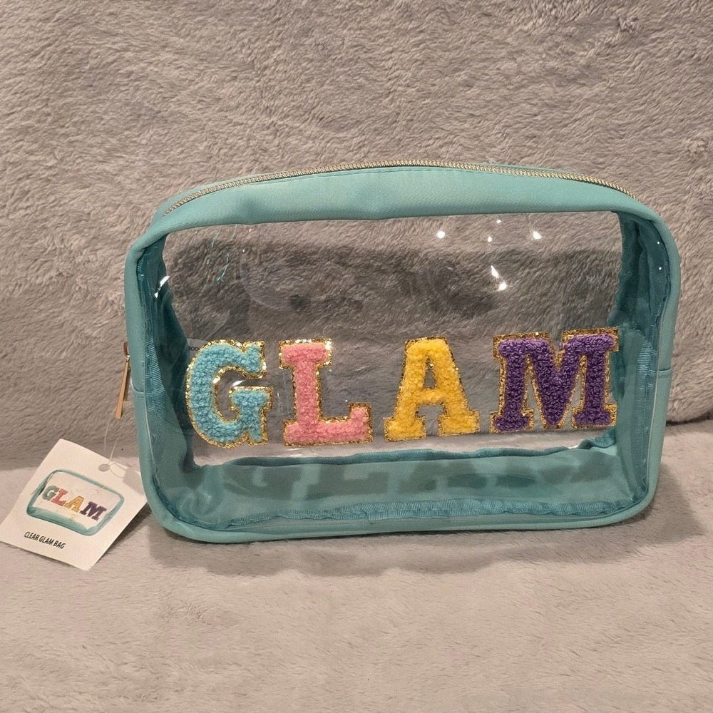 Walmart Clear Glam Bag Teal Blue Chenille Patch Cosmetic Travel Pouch NEW